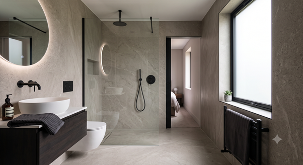Modern UK bathroom featuring waterproof shower panels instead of traditional tiles